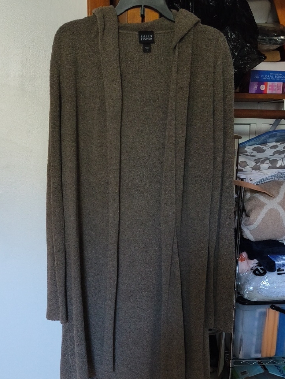 Eileen Fisher Olive-Brown Hooded Long Knit Cardigan